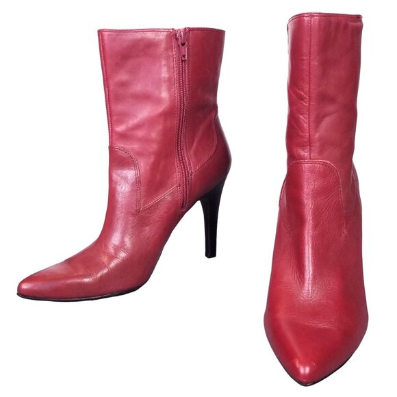 Red leather vintage Nine Wester stiletto high ankle low calf boots size 10 - Picture 1 of 9